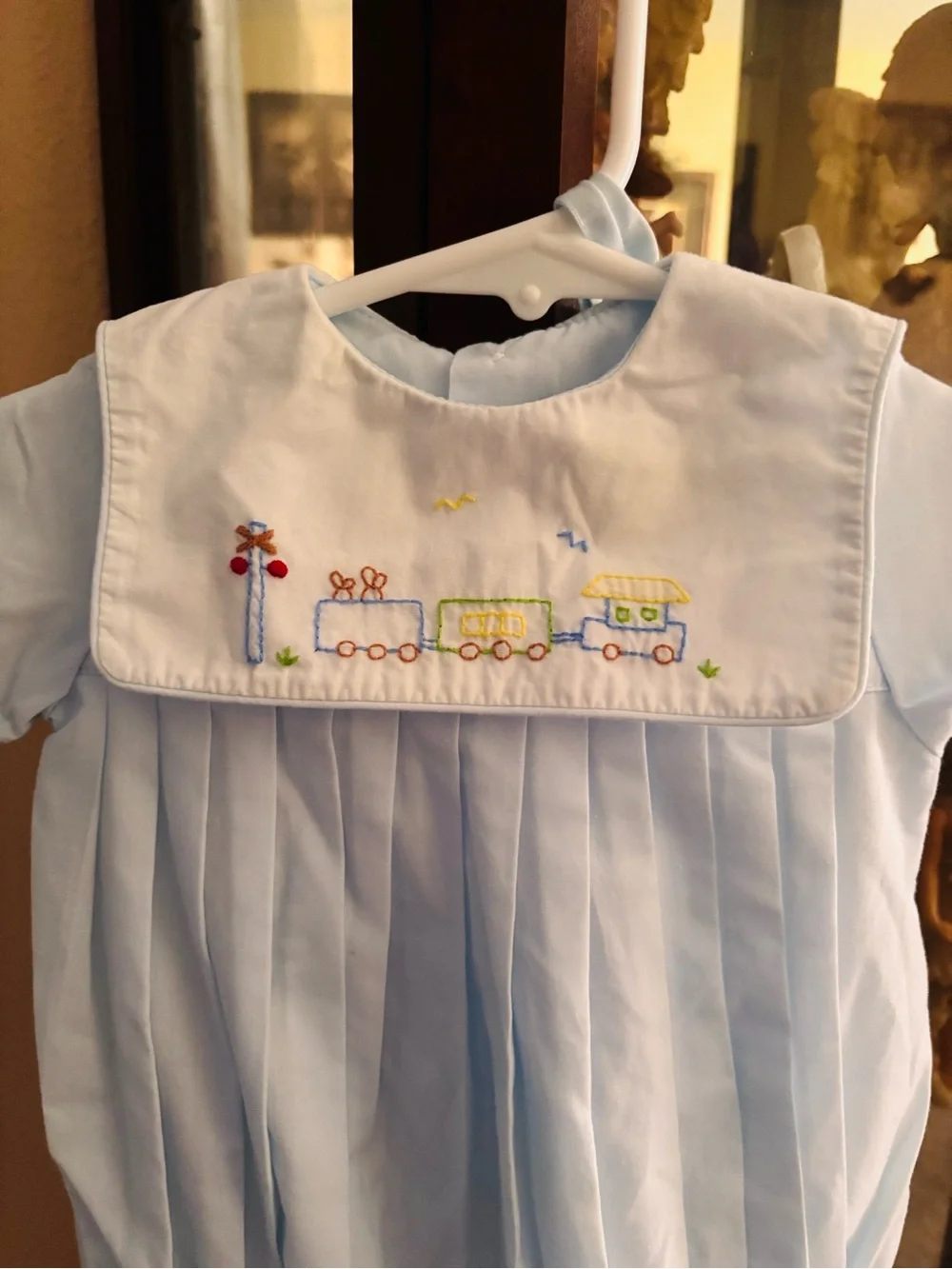 Baby Light Blue Smocked Train Embroidered Romper
